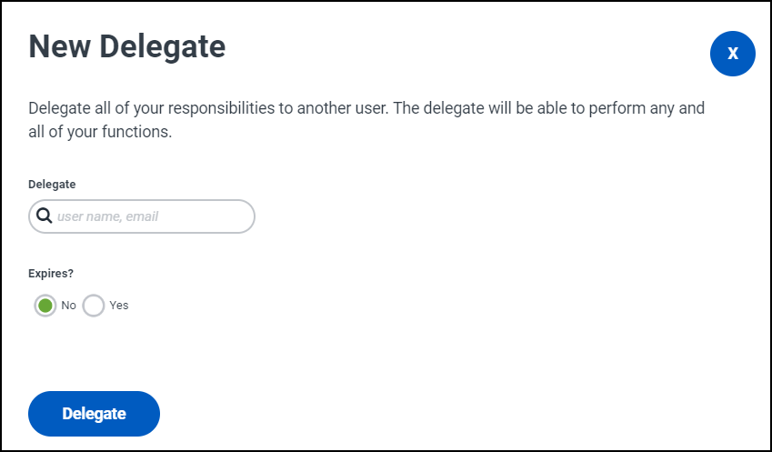 The new delegate screen, with no expiration selected.