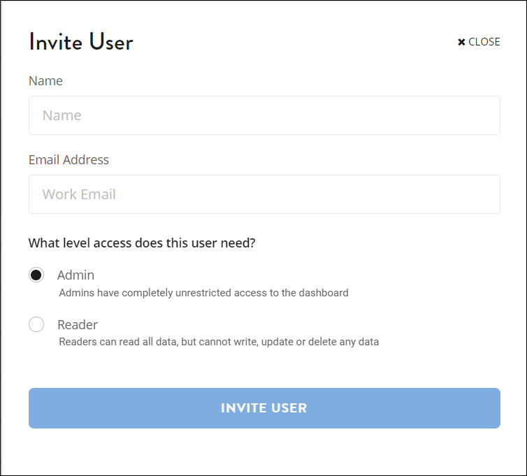 The Invite User window with fields for the user's Name and Email Address.