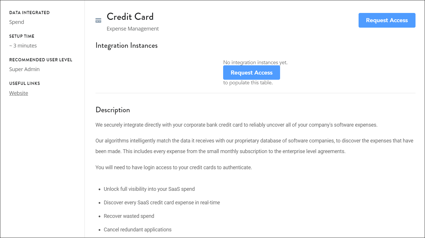 The Credit Card integration page with a Request Access button.