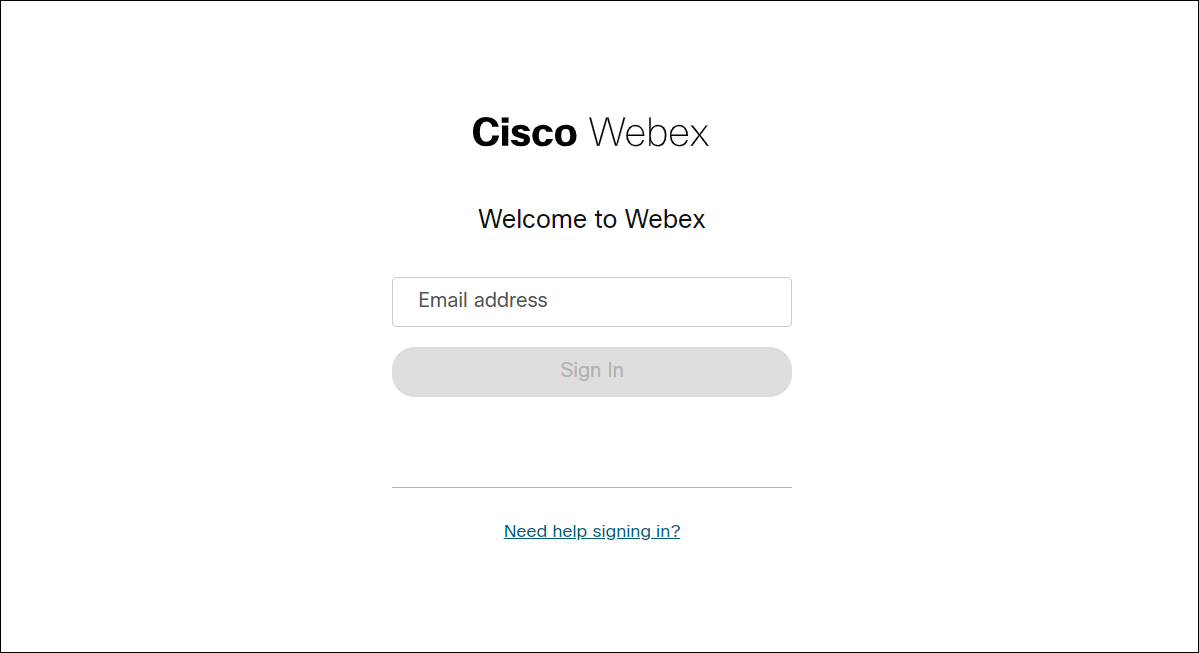 The Webex by Cisco login page with a field for the user's email address and a Sign in button