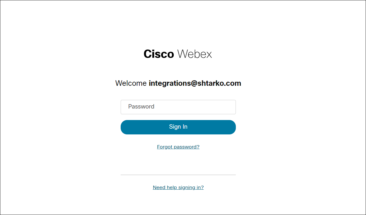 The Webex by Cisco login page with a field for the user's password and a Sign in button