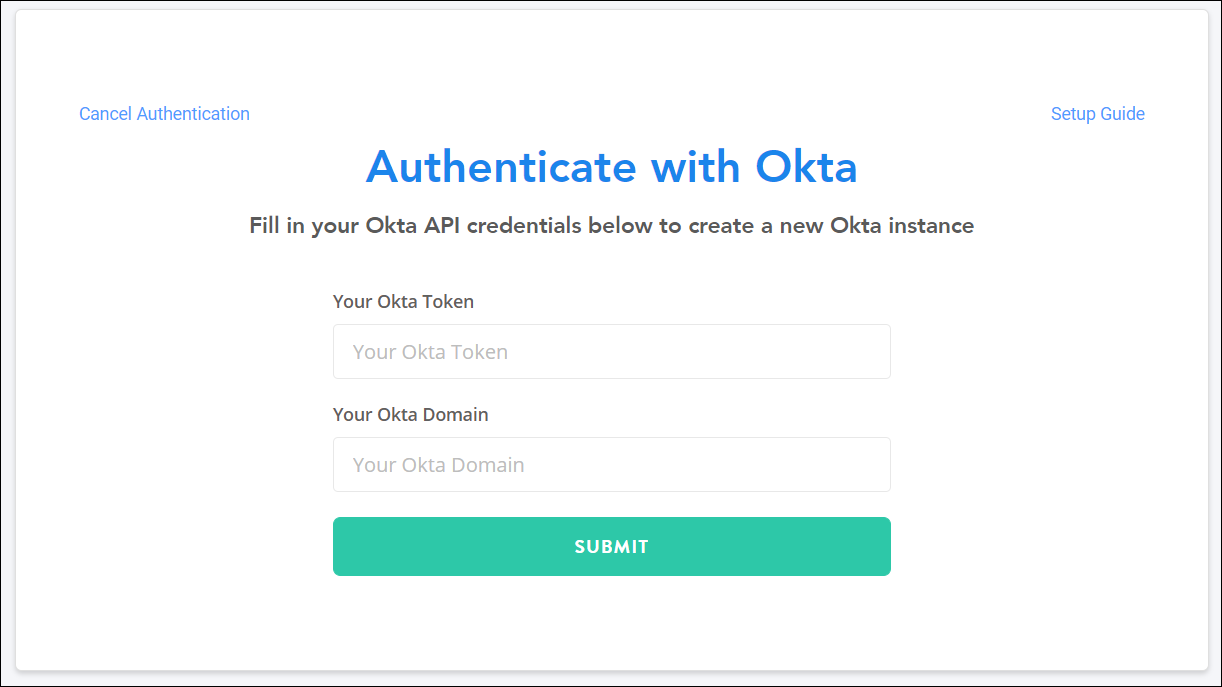 The Authenticate with Okta window with fields for a user's Okta token and domain.