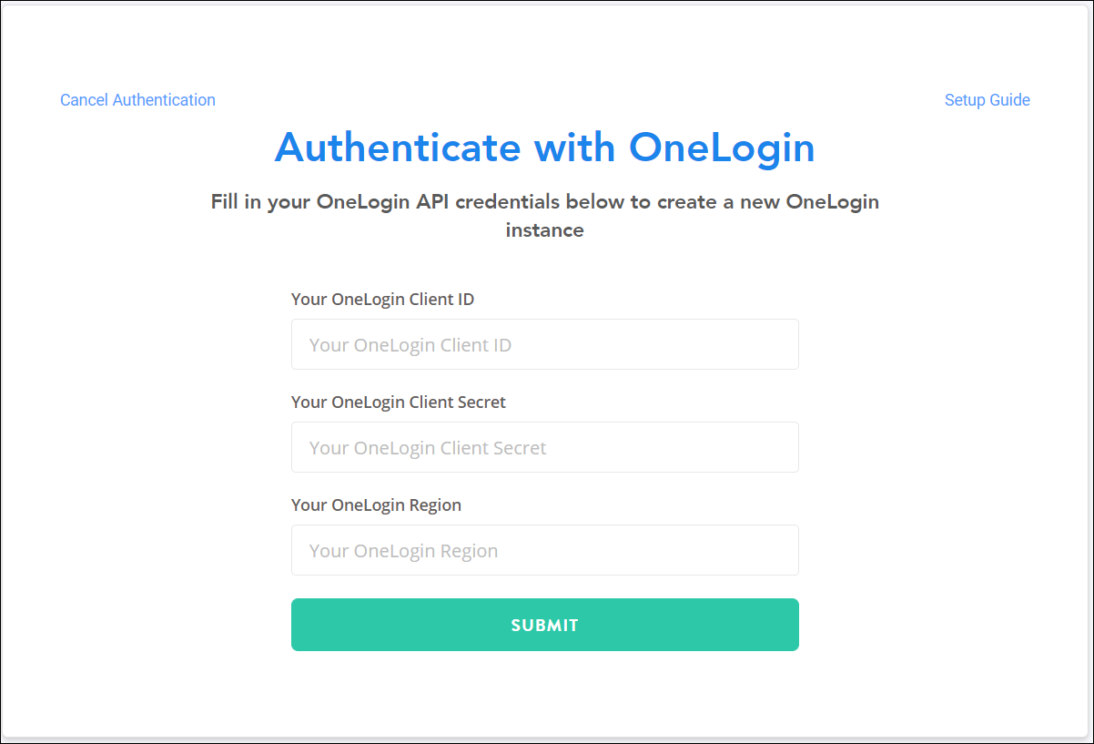 The Authenticate with OneLogin window with fields for the user's credentials and region.