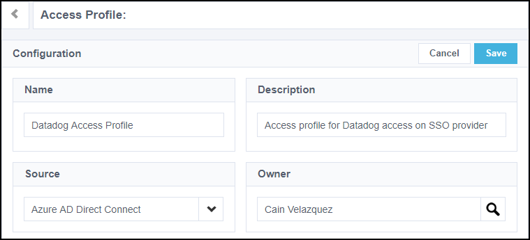 Access profile configuration page to add name, description, source, and owner.