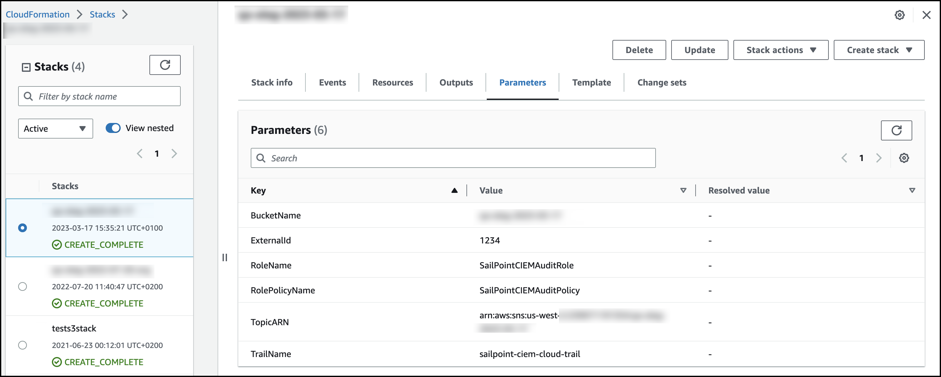 AWS Stack details parameters tab with key values related to the AWS configuration.