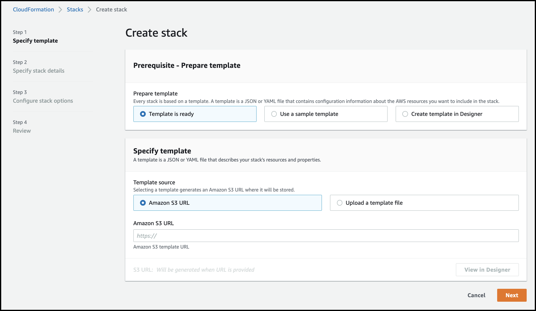 Stack creation window to specify the template type and source.