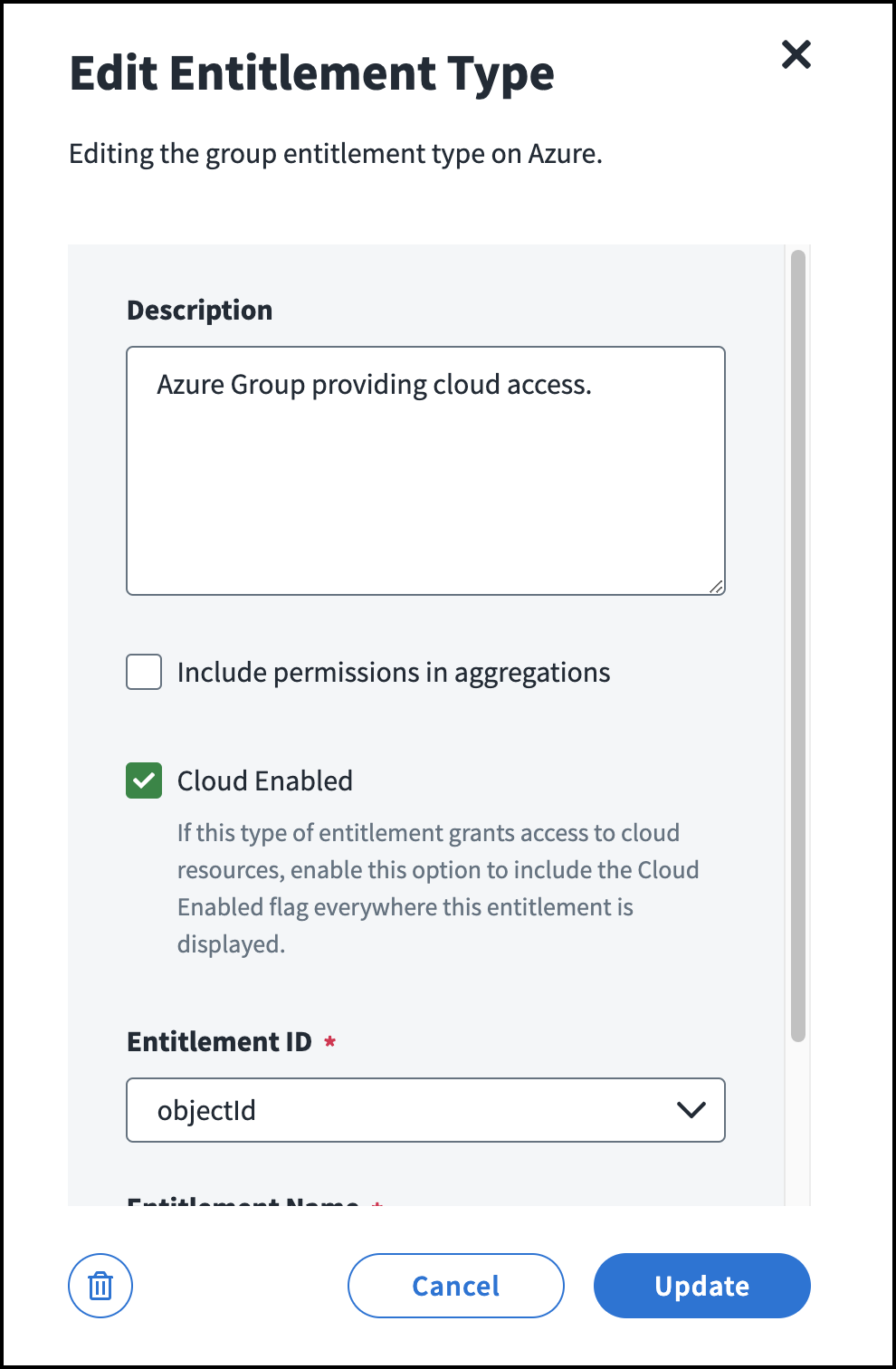 The edit entitlement type window with the Cloud Enabled checkbox selected.