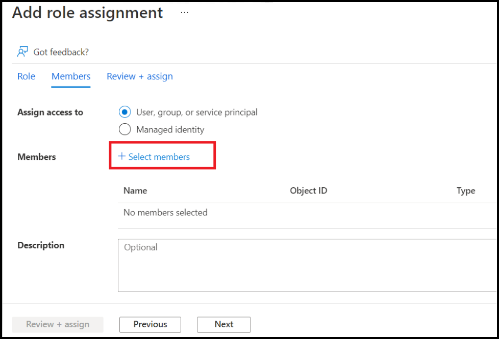 Role assignment setting to assign access to the previously created app.
