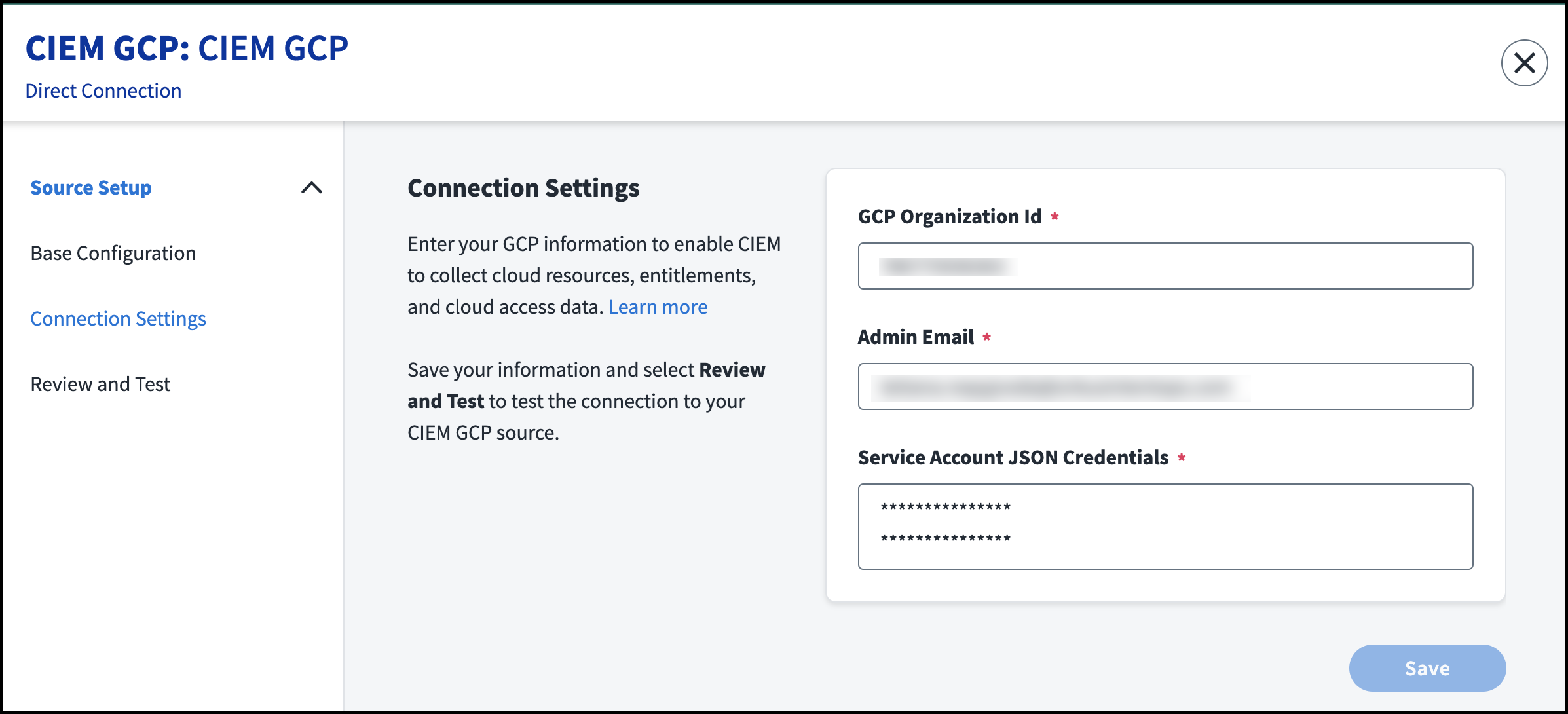 The C.I.E.M. G.C.P. connection settings are displayed with the org ID, admin email, and service account JSON credential fields.