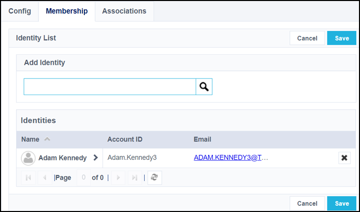 Membership tab with Add Identity field visible. The Adam Kennedy identity is added with their account ID and email visible.