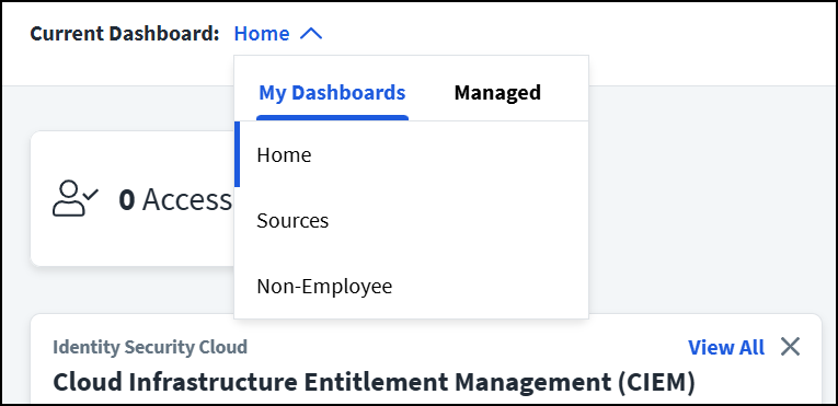 A MySailPoint dashboard with the list of dashboards opened.
