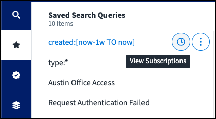 A cursor over the clock icon to the right of a saved search, with a View Subscriptions message.