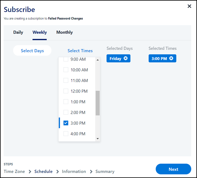 The options for a weekly subscription, including days of the week and the available times on each day.