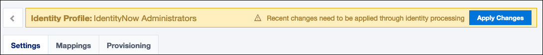 A banner above an identity profile warns 'Recent changes need to be applied through identity processing' and has an Apply Changes button.