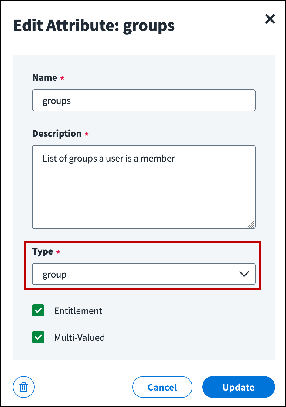 Groups edit attribute window with the group type dropdown list emphasized and the entitlement and multi-valued checkboxes selected.