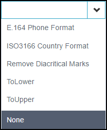 Transform dropdown menu with the default transforms shown. Refer to the next section for the default options.