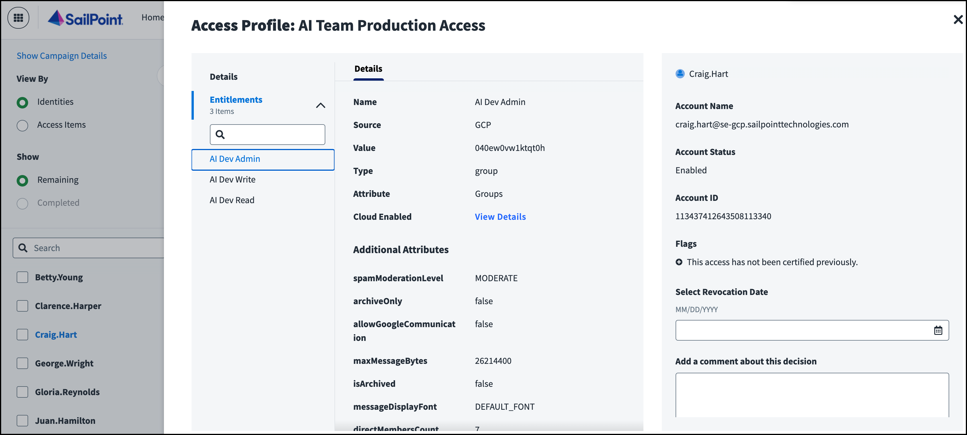 Details about the access profile are displayed with the All Dev Admin entitlement selected. The Cloud Enabled section includes a link to view cloud details.