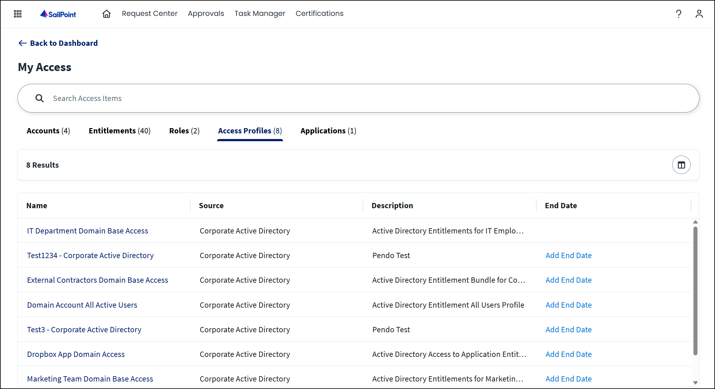 My Access page with the Access Profiles tab open, displaying 8 granted access profiles, with source, descriptions, and end dates.