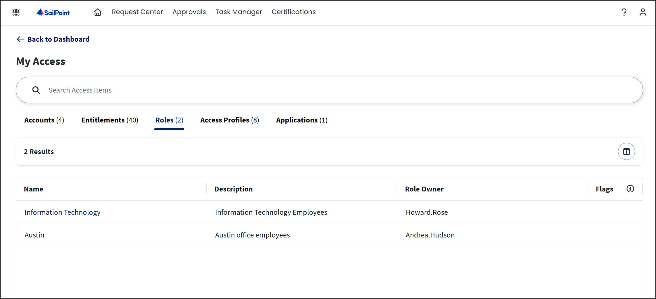 My Access page with the Roles tab open, displaying 2 granted roles, with descriptions and Role Owners.