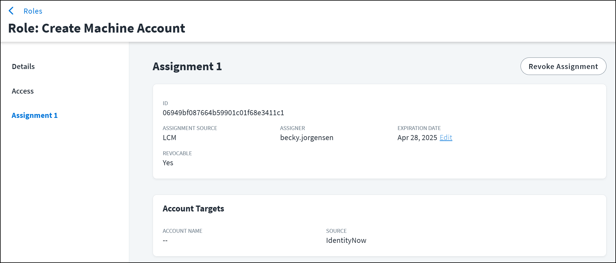 Role Assignment page, including an expiration date with the Edit option and the Revoke Assignment button.