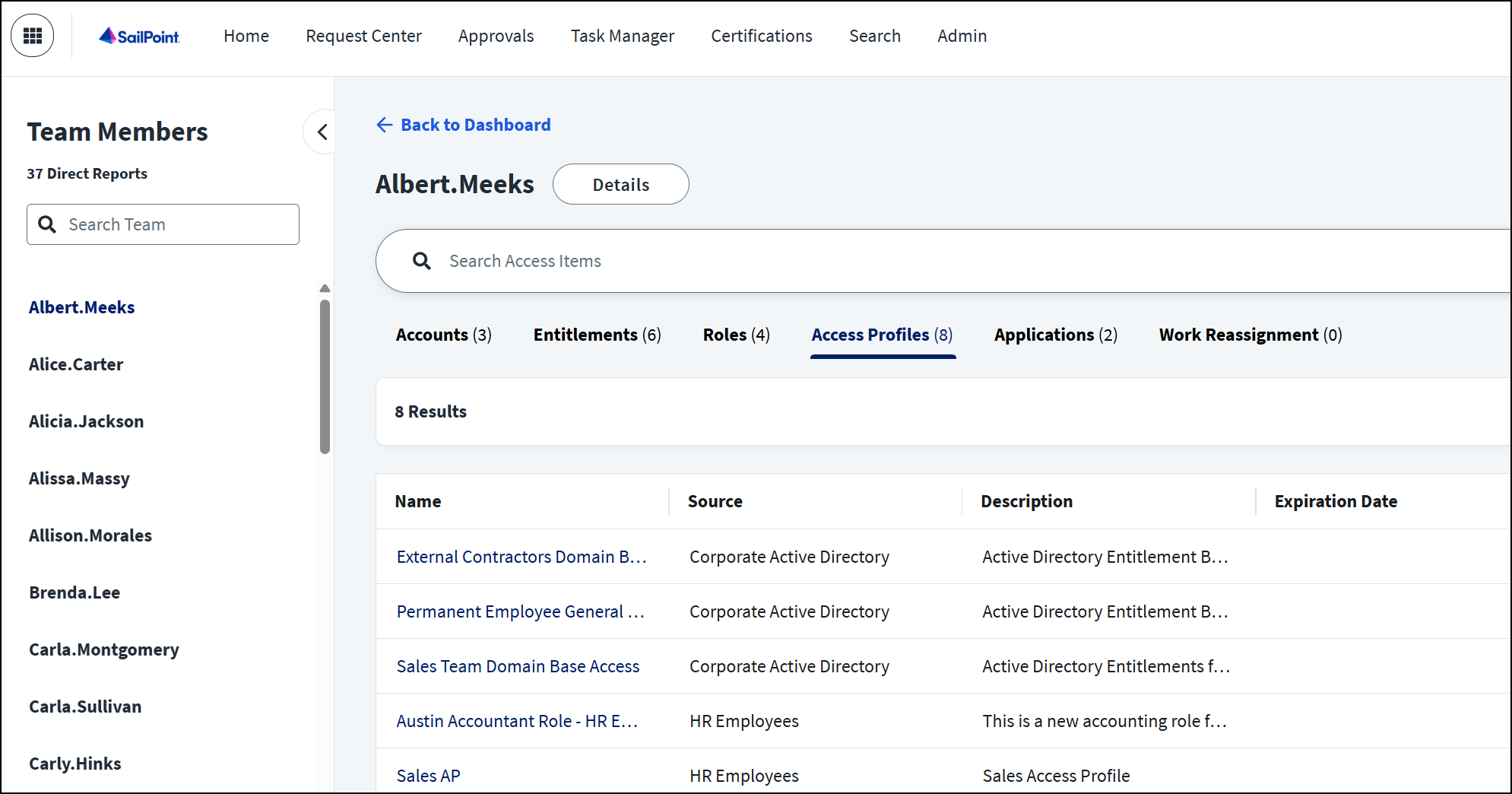 List of team members. The Access Profiles tab displays 8 granted access profiles, with source, descriptions, and expiration date.